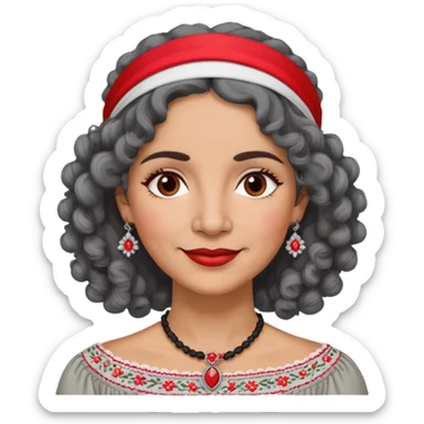 Latina woman, about 55 years old, slightly darker warm brown skin, round soft face, curly black and gray hair, red and white headband, medium eyes, thin eyebrows, gentle smile, gray peasant blouse with embroidery, bare shoulders, large dark necklace sticker