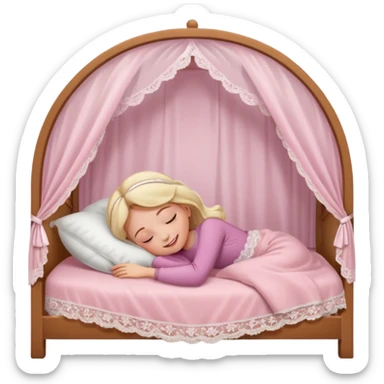 girl sleeping in light pink bed with white lace curtains canopy around itemoji sticker