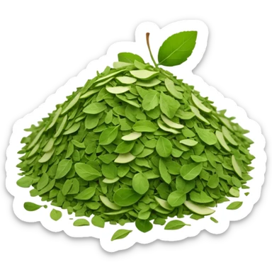 loose pile of finely crumbled green herb flakes with slightly dusty uneven texture and natural color variations from sage to dark green, irregular airy shape, light aromatic dried herb, apple emoji style, soft lighting, subtle shadows, emoji scale sticker