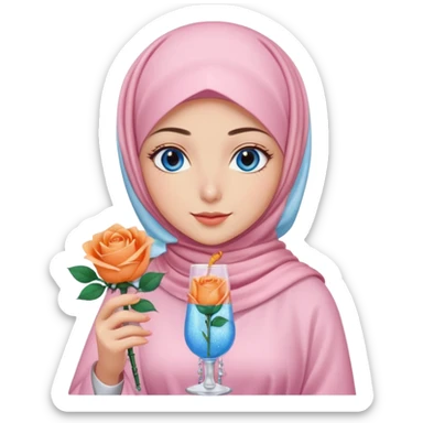 Turkish beautiful finish Konya girl blue eyes with light pink hijab islamic dress and had on her hand Glittery rose mocktail with orange light pink roses sticker