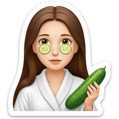 white long brunette hair girl with hazel eyes in a bathrobe with cucumbers on her eyes sticker
