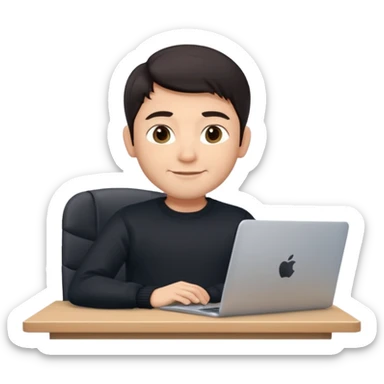 memoji of a man with a laptop in front, apple-style, modern, dark hair, black sweater, Indian fair skin, small cute smile, sitting at his desk, light blue gradient background sticker