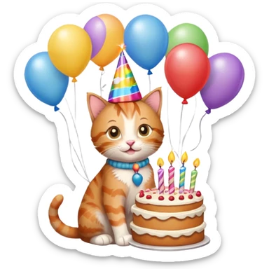 Ginger tabby kitten celebrates birthday, birthday hat, birthday cake, balloons, happy, gifts sticker