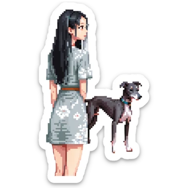 Slim Chinese woman with long black hair in a cute summer outfit with her completely solid grey Italian greyhound looking out a window on a sunny day, the dog has absolutely no white markings anywhere sticker