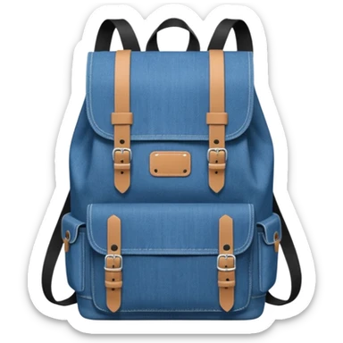 An emoji-style blue denim backpack with a flap top. Two short black buckle straps are attached only at the top flap, not extending to the bottom. The front is clean with no pockets or extended straps. The backpack has two side pockets. Flat, minimalist, cartoon icon.


 sticker