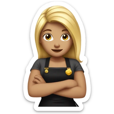 A blonde tall girl with a black apron and gold hair phon in a hand sticker