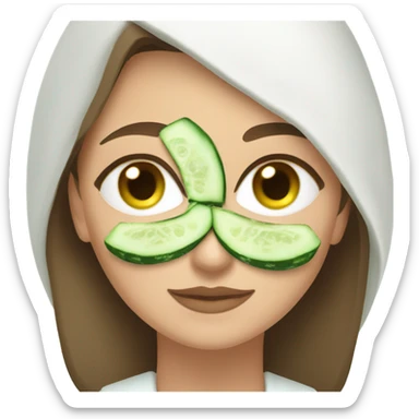 White girl with Brown hair and blue eyes wears a Green colored clay mask and puts on cucumbers around her eyes while She relaxes in her white Robe sticker