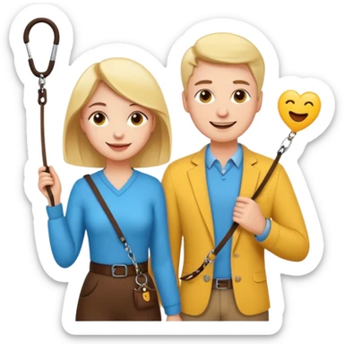 a woman confidently holding a leash attached to a man, playful and lighthearted scene, emoji style, no background sticker