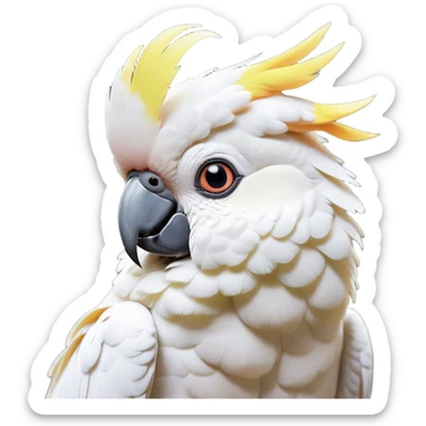 Cinematic Cute Cockatoo Portrait Emoji, Head tilted playfully and inquisitively, featuring a charming, fluffy form with a vividly colored crest, round, sparkling eyes full of playful wonder, and a soft, curved beak, Simplified yet irresistibly adorable features, highly detailed, glowing with a warm, inviting tropical glow, high shine, affectionate and lively, stylized with a touch of whimsical avian charm, soft glowing outline, capturing the essence of a mischievous yet loving cockatoo that seems as if it could flutter out of the screen into your arms! sticker