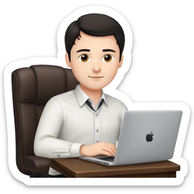 Rich man working setting on a chair in shirt, dark hair, and near the desk with laptop he is german very beautiful looks like sticker
