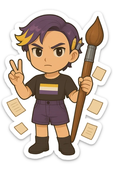 Make this chibi sticker cartoon character more serious and professional, keeping it gender-neutral. Give it a determined look, neater accessories, and a polished appearance. No background. sticker