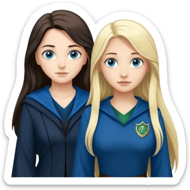 a pretty ravenclaw girl with long dark brown hair and blue eyes standing with a hot Slytherin girl with long blonde hair, blue eyes and big boobs  sticker