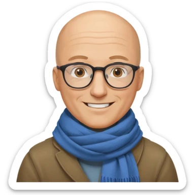 middle aged man, bald, wearing glasses and a scarf, friendly smile sticker
