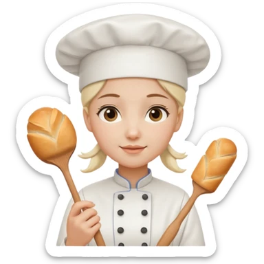 Young female baker - white chef hat, holding cream piping bag and bread sticker