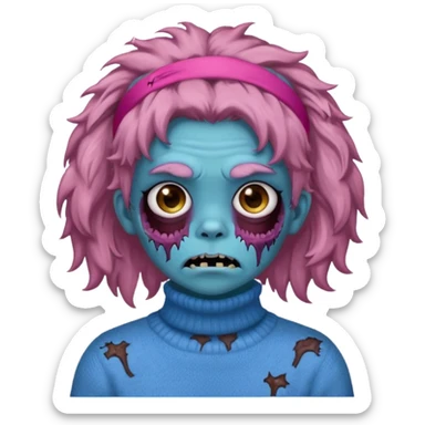 brown fluffy haired blue zombie with pink turtleneck sweater and hair band sticker
