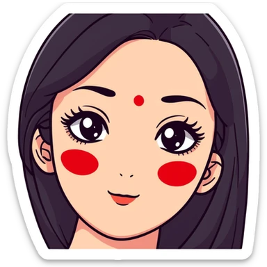 White girl with long oval shaped face, large almond shaped eyes with long eyelashes, long straight black hair falling in front of her bare shoulders, face closeup, with red and white gopi dots decorating her forehead above eyebrows sticker
