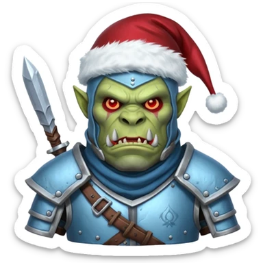 
Fantasy Christmas orc legion soldier icon, iron tundra army theme, heavy winter armor, disciplined brutal look, icy blue steel armor with deep crimson accents, frozen metal texture, cold winter atmosphere, male variant sticker