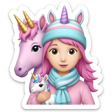Una cebra bebé con una mamá unicornio abrigados, bufanda y gorro, estilo infantil muchos colores tonos pastel sticker