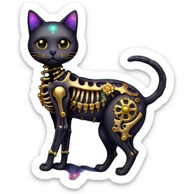 Black iridescent cat zombie skeleton gold mechanical nebula galaxy stars flowers fairy lights vintage sticker