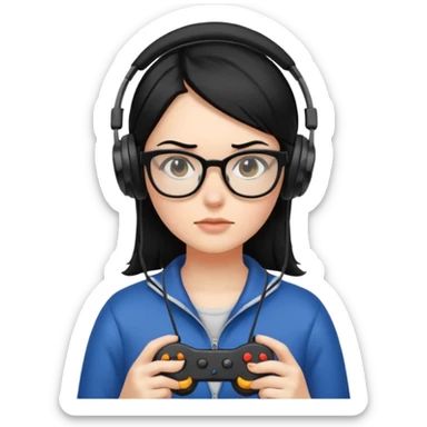 
gamer, woman shiny black hair no eyebrows with glasses, headphone, gamepad sticker