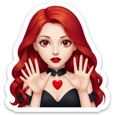 a pretty woman with long red hair and red eyes. The woman wear a black little cutted dress. She have red lipstick and she have a seductive look. She do a heart sign with hand sticker