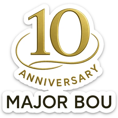 Elegant 10th anniversary logo for Major Bou with gold accents and a modern sans-serif font sticker