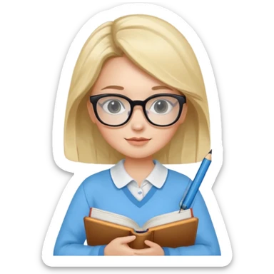 cute girl, glass, smart, Sky-blue colored clothing,
holding a book in one arm and a pen in the other hand.Holding a pen in the right hand as if teaching.Wearing black glasses, with a smart and bright-looking face. sticker