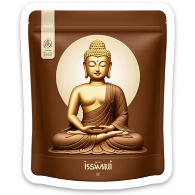 realistic standing pouch, matte brown, Iswari logo, 'Éveil du Bouddha Maxi Protéines', Buddha silhouette, Vegan Gluten-Free Organic icons, full with bulge, minimal, no extra branding, no faces, clean 3D style, soft lighting, transparent background, emoji scale sticker