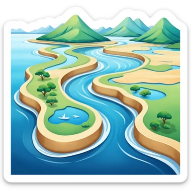 A 3D cartoon estuary where a river flows into the ocean, visible water color blend, soft natural lighting, Memoji-style. sticker