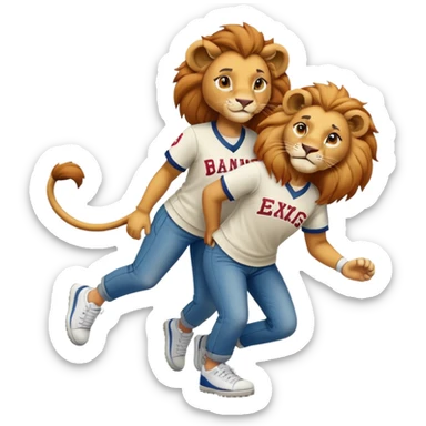 confident anthropomorphised female lion wearing a baseball shirt, jeans, and trainers, helping someone up after a fall, showing kindness sticker