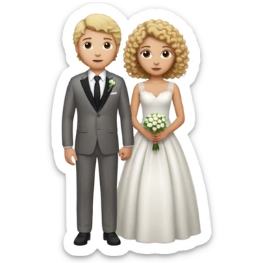 Blonde girl with light brown skin in wedding dress curly hair with white men next too her with a suit on and straight brown  hair sticker