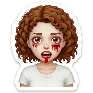 Zombie girl with curly brown hair como emoji de iphone y con la boca un poco lastimada haz que tenga una simple remera blanca puesta pero que sea zombie  sticker