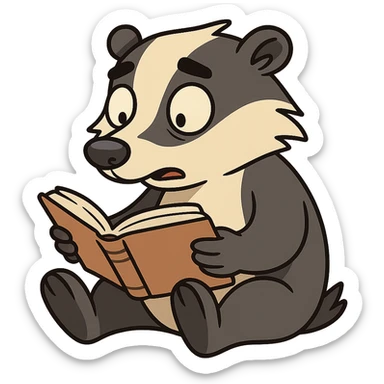 a cartoon badger sitting and reading, flat toon style sticker
