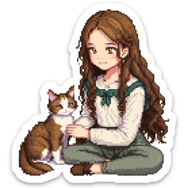 a girl with long wavy brown hair and brown eyes petting a cat, pixel art style sticker