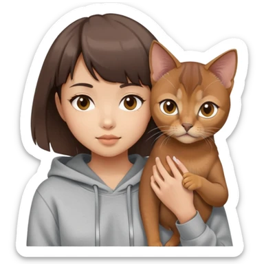 a asian girl with short brown hair and bangs holding an Abyssinian cat， wearing grey hoodie sticker