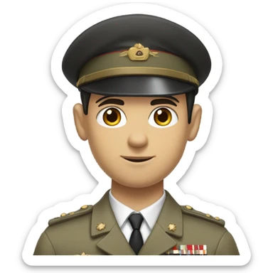 "A young man with short-cropped dark hair, a sharp jawline, and a smug expression. He wears a clean, neutral military uniform, holds a rifle" sticker