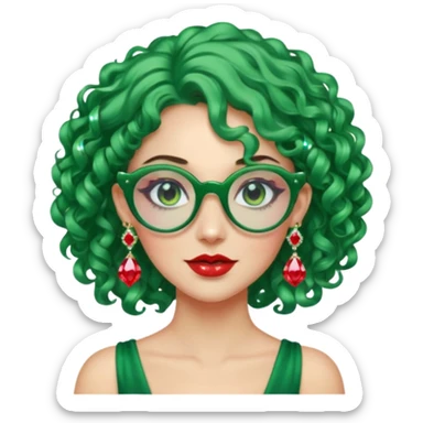 gem lover woman with gem accessories excessive amount gem glassess very big gem earrings green curly hair and red diamonds sticker