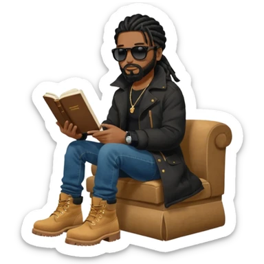 African American man with shoulder length black dreadlocks with black beard wearing black sunglasses wearing a black bubble winter coat wearing denim skinny jeans wearing wheat timberland boots reading the bible sticker