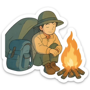 ghibli style illustration of a camper resting by a campfire sticker