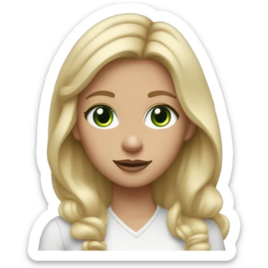Blonde girl, green eyes, wearing AirPods and working on MacBook Air  sticker