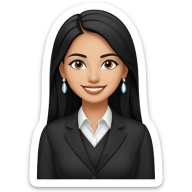 beautiful woman boss, with long straight black hair, with make up, black eye liner, smile, mexican, brown skin, wearing beautiful profesional outfit and white earings, full body sticker