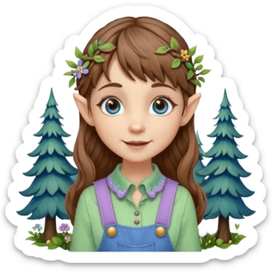 Kind happy whimsical quirky Girl toymaker, wood carving elf. Woodland nature creator. Blue eyes. brown hair (short just-below chin length) wavy hair & bangs. Whimsical playful cute. Overalls with nature embroidered cute shirt collar. Light green, light purple and light blue colour aesthetic  sticker