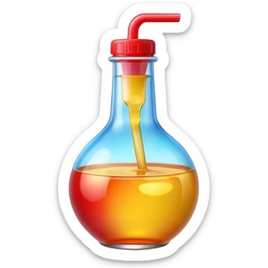 A 3D Apple-style beverage bottle emoji, transparent glass filled with colorful liquid (like soda or juice), shiny surface with light reflections, simple round body with a narrow neck and cap, clean minimal background. sticker