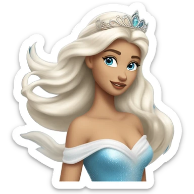 The Swan Princess, a beautiful young woman with platinum blonde hair, ocean-blue eyes, and a swan-inspired dress and tiara, exudes allure as she combs her hair gracefully in the wind. sticker