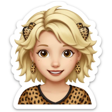 Une fille blonde et joyeuse. Elle porte une coiffure rock et originale avec 3 pinces pour cheveux  léopard et motif peau de vache. sticker