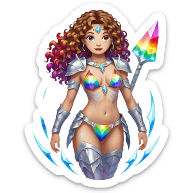 full body woman long curly brown hair brown eyes white skin tattoos crystal bikini armor, refracted rainbow light sticker