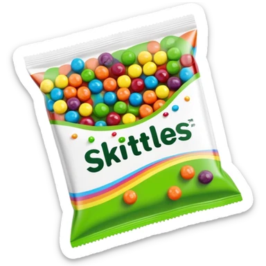 Minimalist top-down view of an open Skittles package with green candies spilling out. Simple rainbow colors on package, clean design. sticker