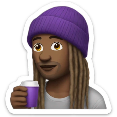 man with dreads and pruple beanie drinking thee sticker