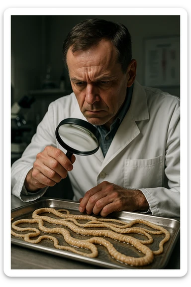 A middle-aged male kinesiologist wearing a pristine white lab coat, intensely analyzing long, beige tapeworms (like Taenia) under a magnifying glass. His expression is focused and slightly concerned, with dramatic studio lighting casting sharp shadows. The parasites are highly detailed, moist, and textured, stretched across a sterile metal tray. The background is blurred but suggests a clinical environment—hints of a microscope, medical charts, and clean lab equipment. The style is hyper-realistic, with a cinematic contrast between the bright white coat and the grotesque, organic forms of the parasites. No sci-fi elements, just raw medical realism with a disturbing edge sticker