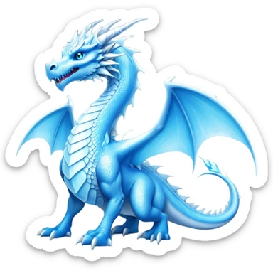 Cinematic Noble very elegant Ice Dragon full body  Emoji, Poised and imposing, distinct long elegant snout, with a slender, scaled body shimmering in glacial hues of icy blue, frostbitten silver, and crystalline white, breathing out frost, with piercing, glowing ice blue white eyes that radiate the chilling depths of an arctic storm; rendered in detail. excuding wisdom sticker